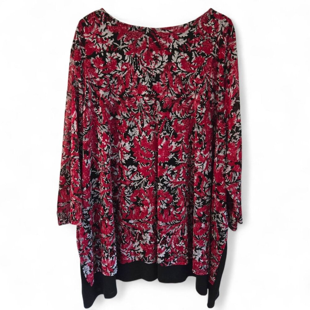 Catherines Plus Size 5X Red/Black Floral Tunic V-Neck Long Sleeve Stretch Top - Picture 2 of 8